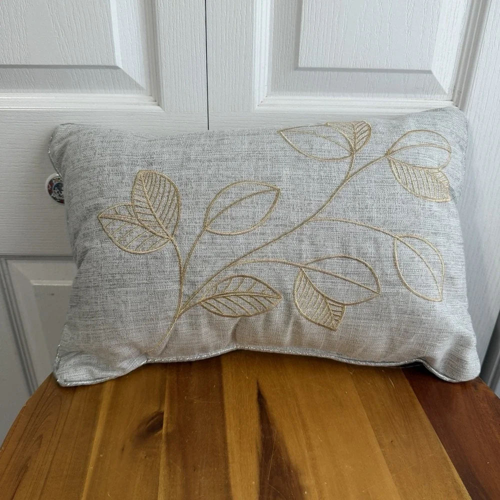 Gray Gold Embroidered Floral Decorative Throw Pillow Boho Master Bedroom Comfy
